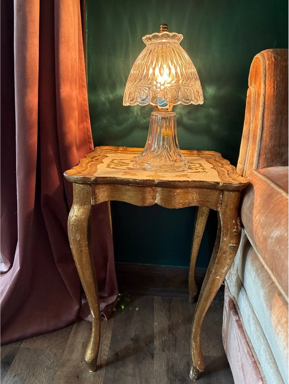 Vintage Glass Lamp with Floral Etched Shade and Brass Finial